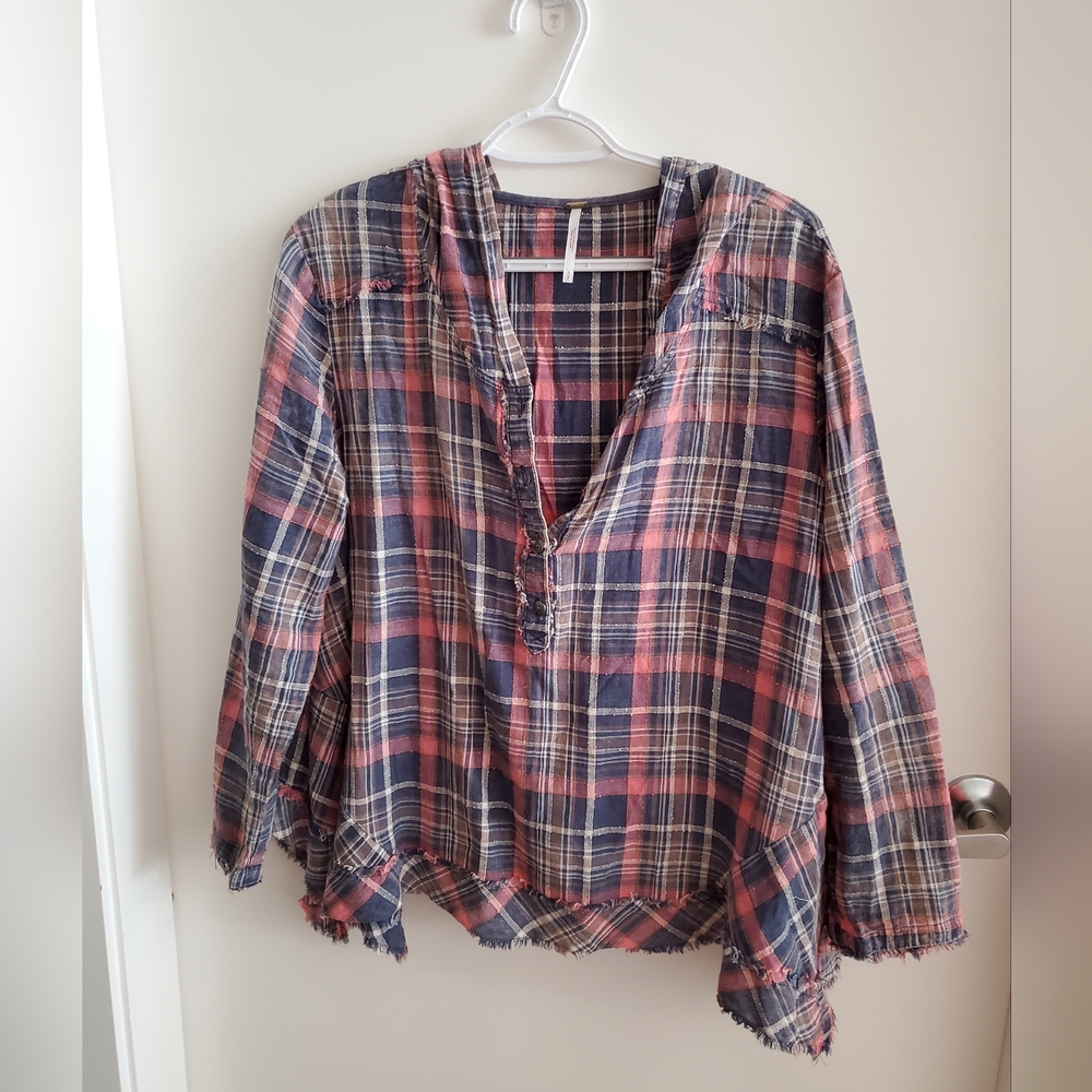 Free People Hooded Plaid Flowy Top